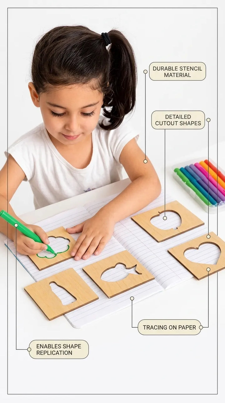 Kids Wooden Drawing Stencils Kit With Puzzle T7011662