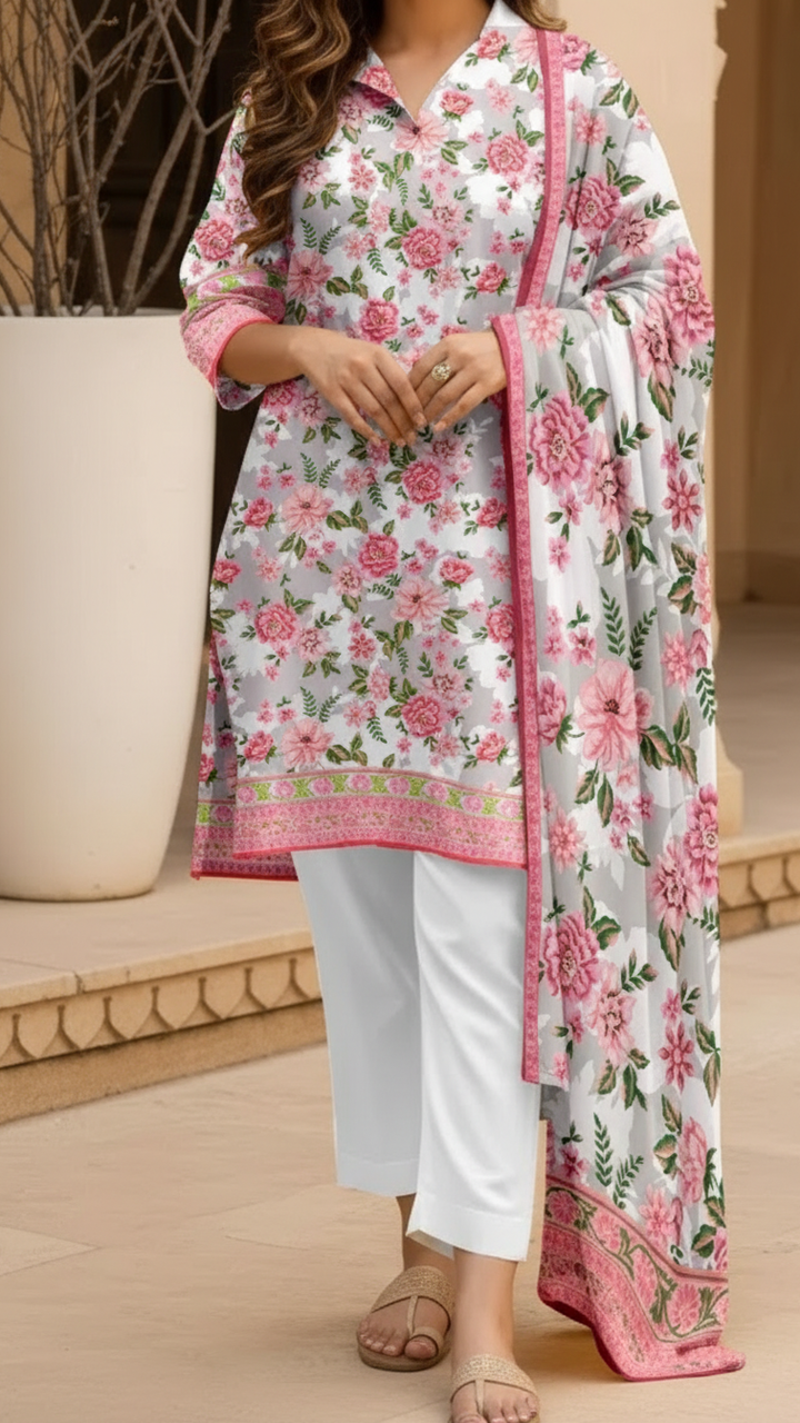 3PC- Unstitched Printed Cotton Cambric suit US5488