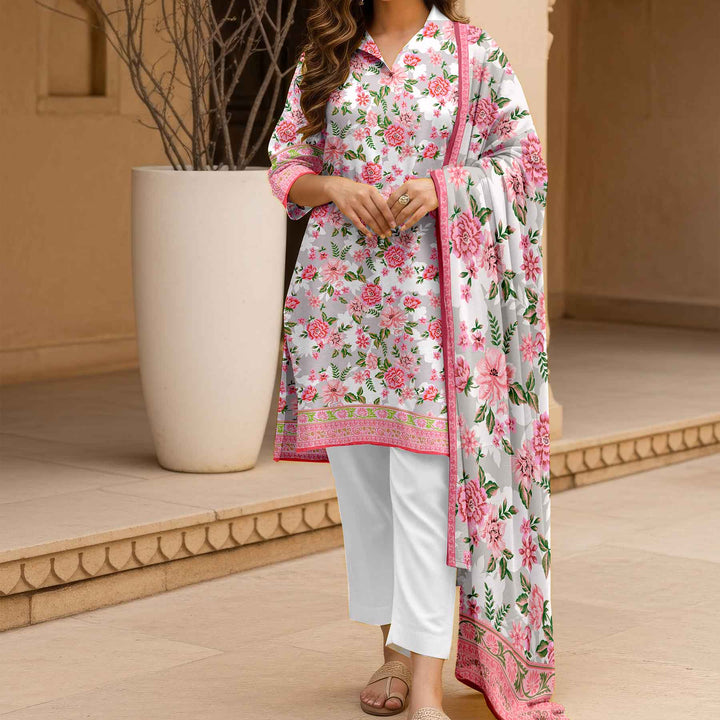 3PC- Unstitched Printed Cotton Cambric suit US5488