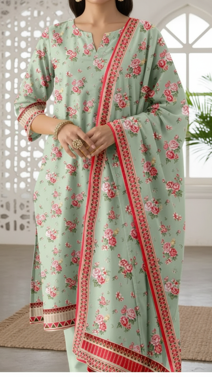 3PC- Unstitched Printed Cotton Cambric suit US5489