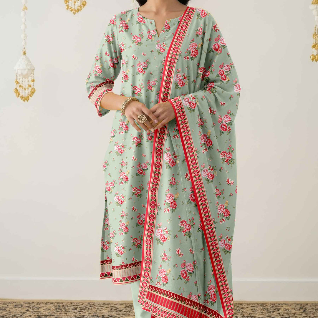 3PC- Unstitched Printed Cotton Cambric suit US5489