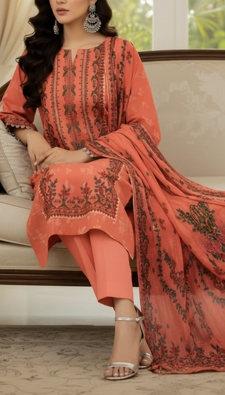 3 PC UnStitched Digital Printed Lawn Suit US6004