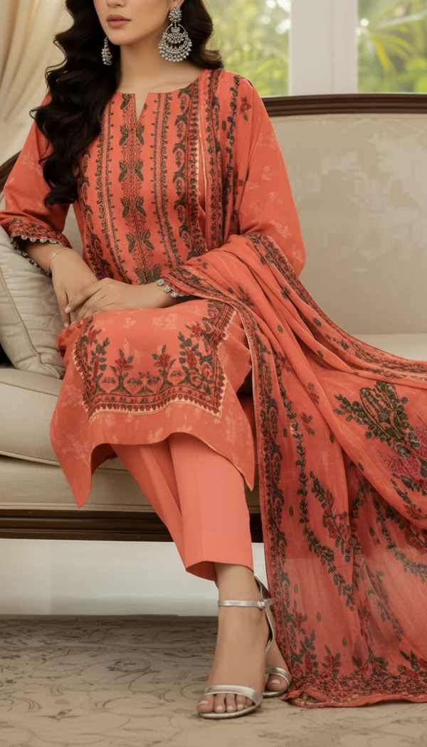 3 PC UnStitched Digital Printed Lawn Suit US6004