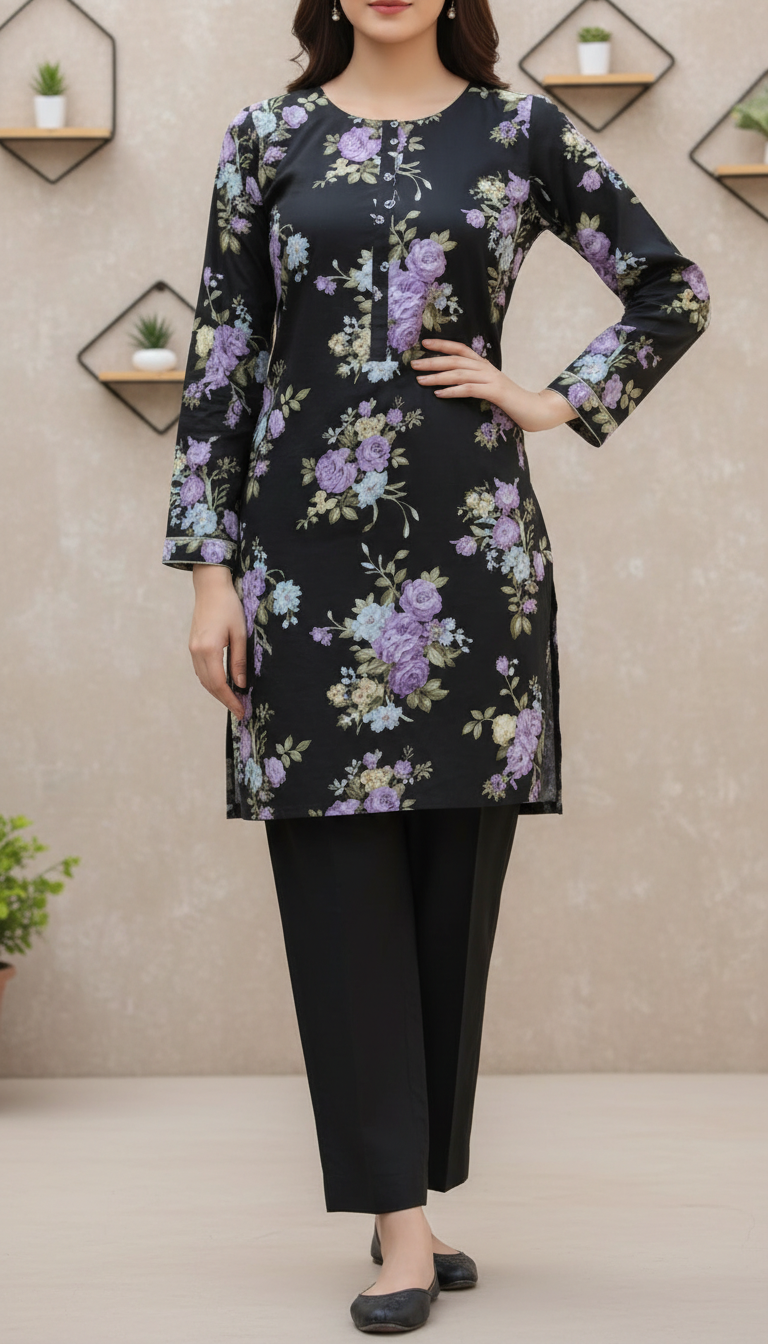 Black Unstitched Digital Printed Bana Doriya Lawn Shirt US6056