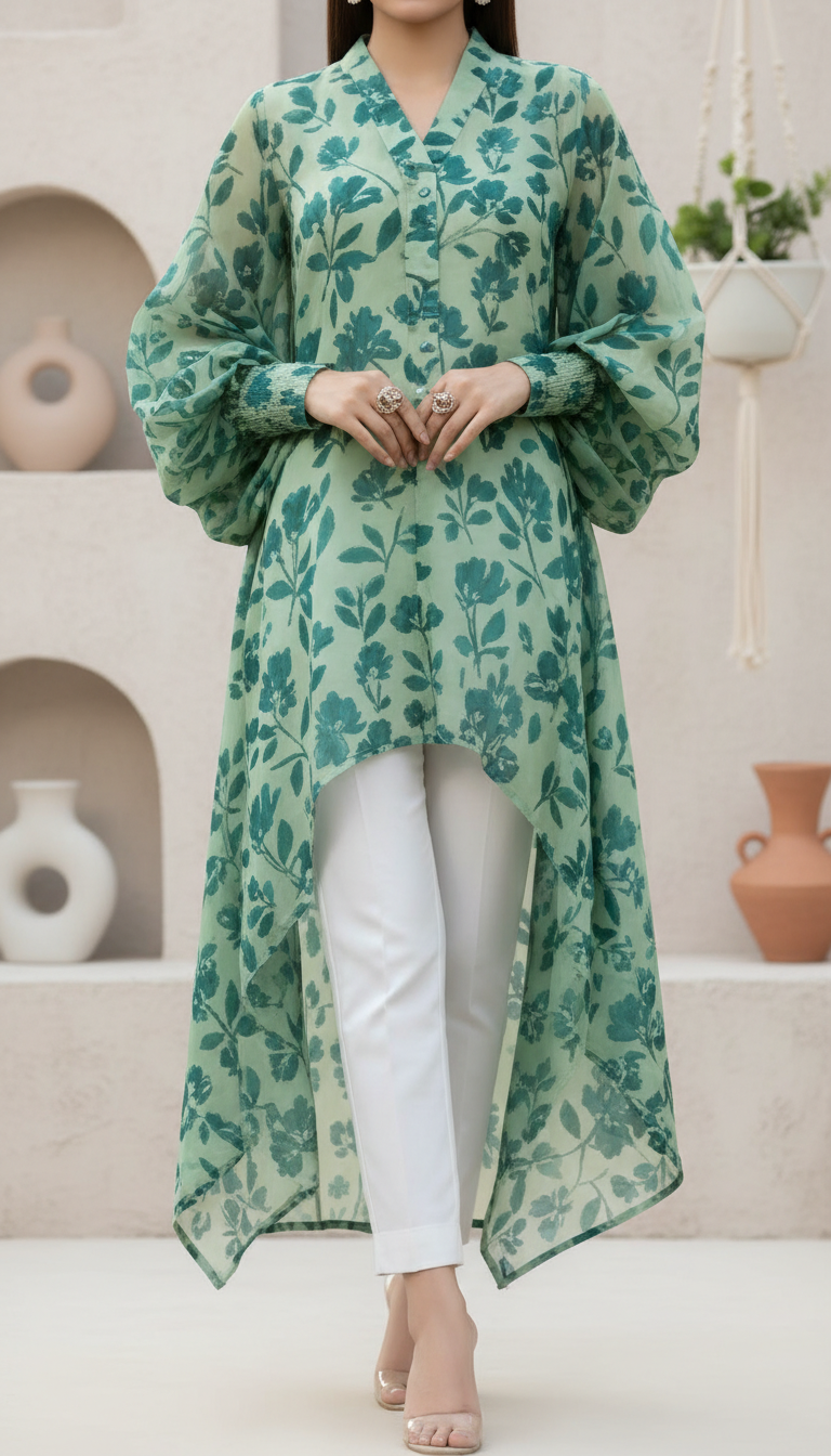 Green Unstitched Digital Printed Bana Doriya Lawn Shirt US6067