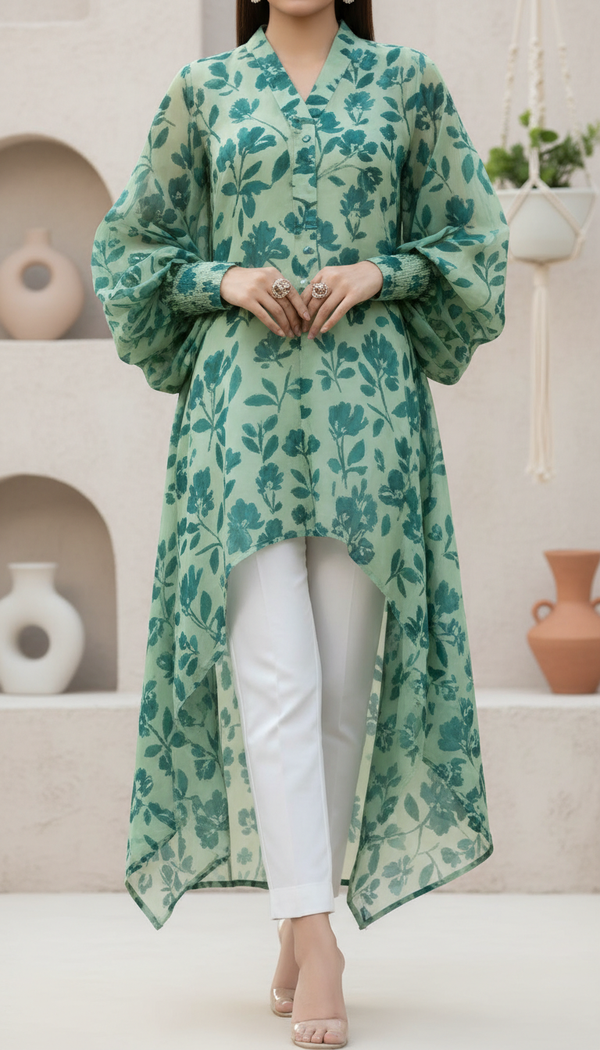 Green Unstitched Digital Printed Bana Doriya Lawn Shirt US6067