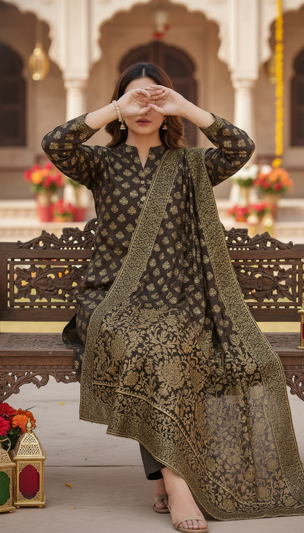 3 PC Unstitched Jaquard Lawn Suit US6081