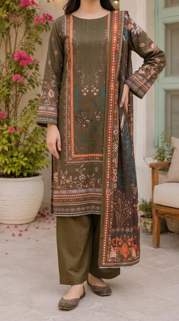 3 PC Unstitched Printed Raw Silk Suit US620011