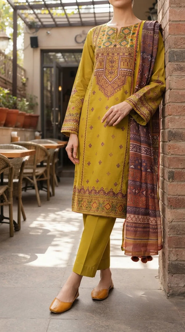 3 PC Unstitched Embellished Lawn Suit US624011
