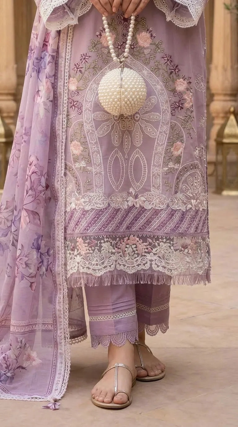 3 PC Unstitched Embellished Lawn Suit US624307