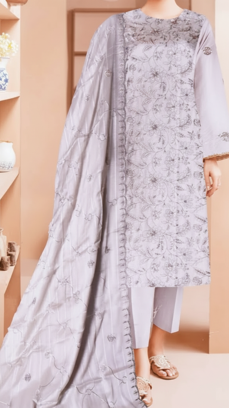 3 PC Embroidered Cambric Suit UW5007