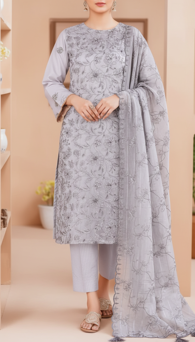3 PC Embroidered Cambric Suit UW5007