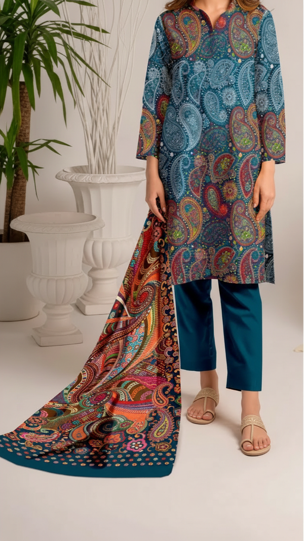 3 PC Printed Slub Khaddar Suit UW5053