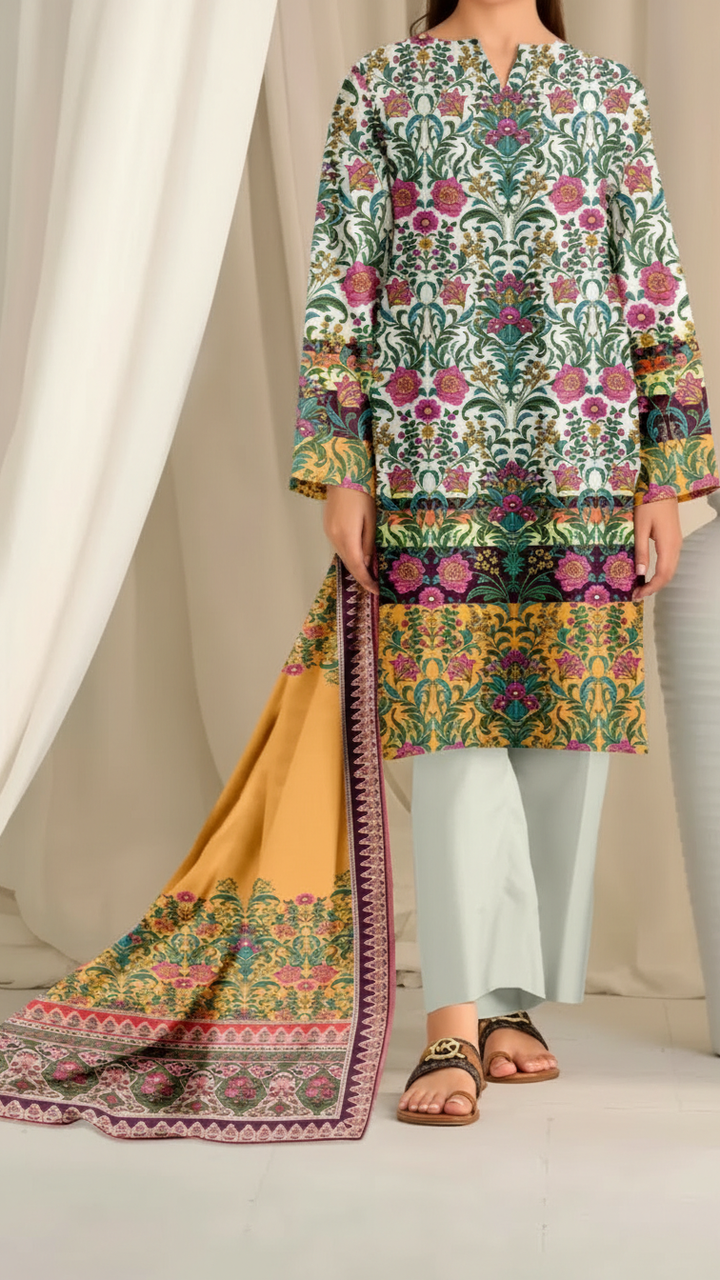 3 PC Printed Slub Khaddar Suit UW5055