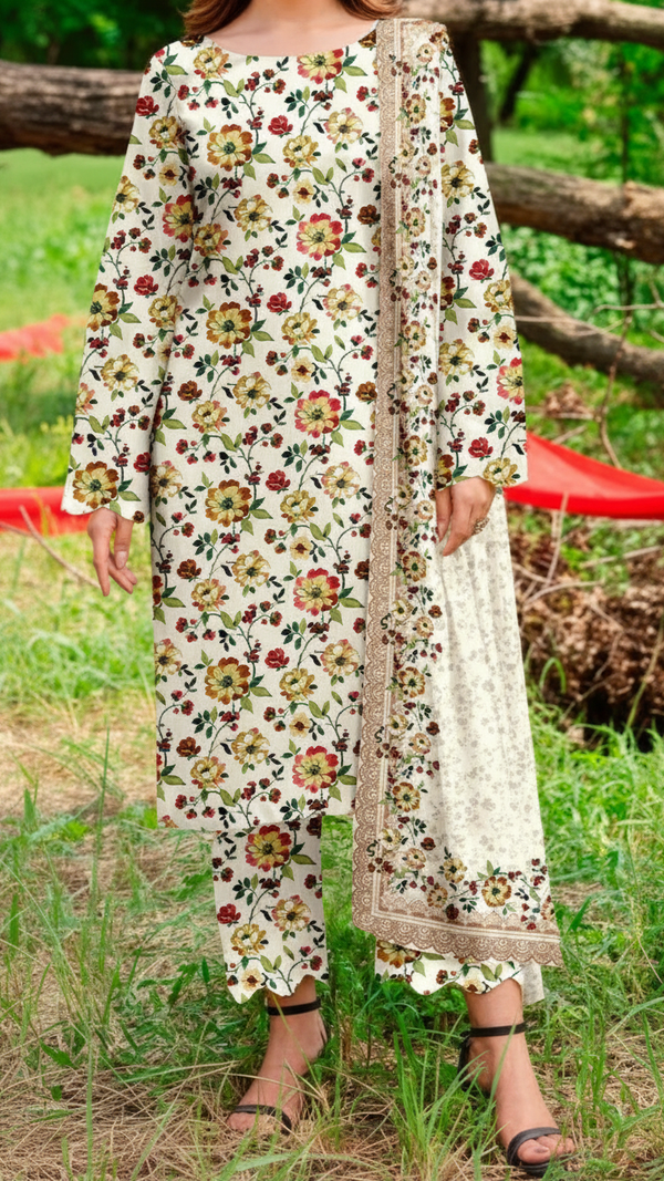 3 PC Printed Slub Khaddar Suit UW5061