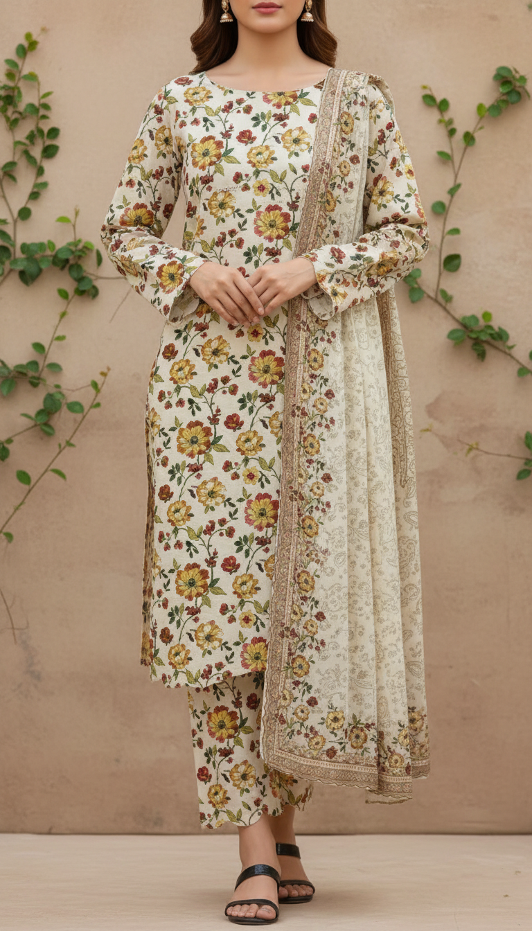3 PC Printed Slub Khaddar Suit UW5061