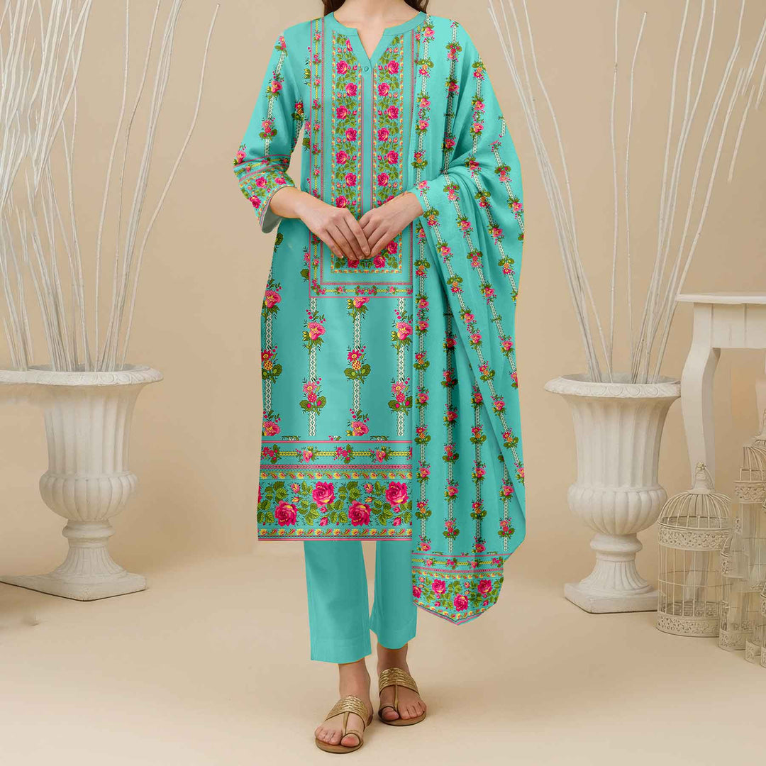 3PC- Unstitched Printed Cotton Cambric suit UW5071