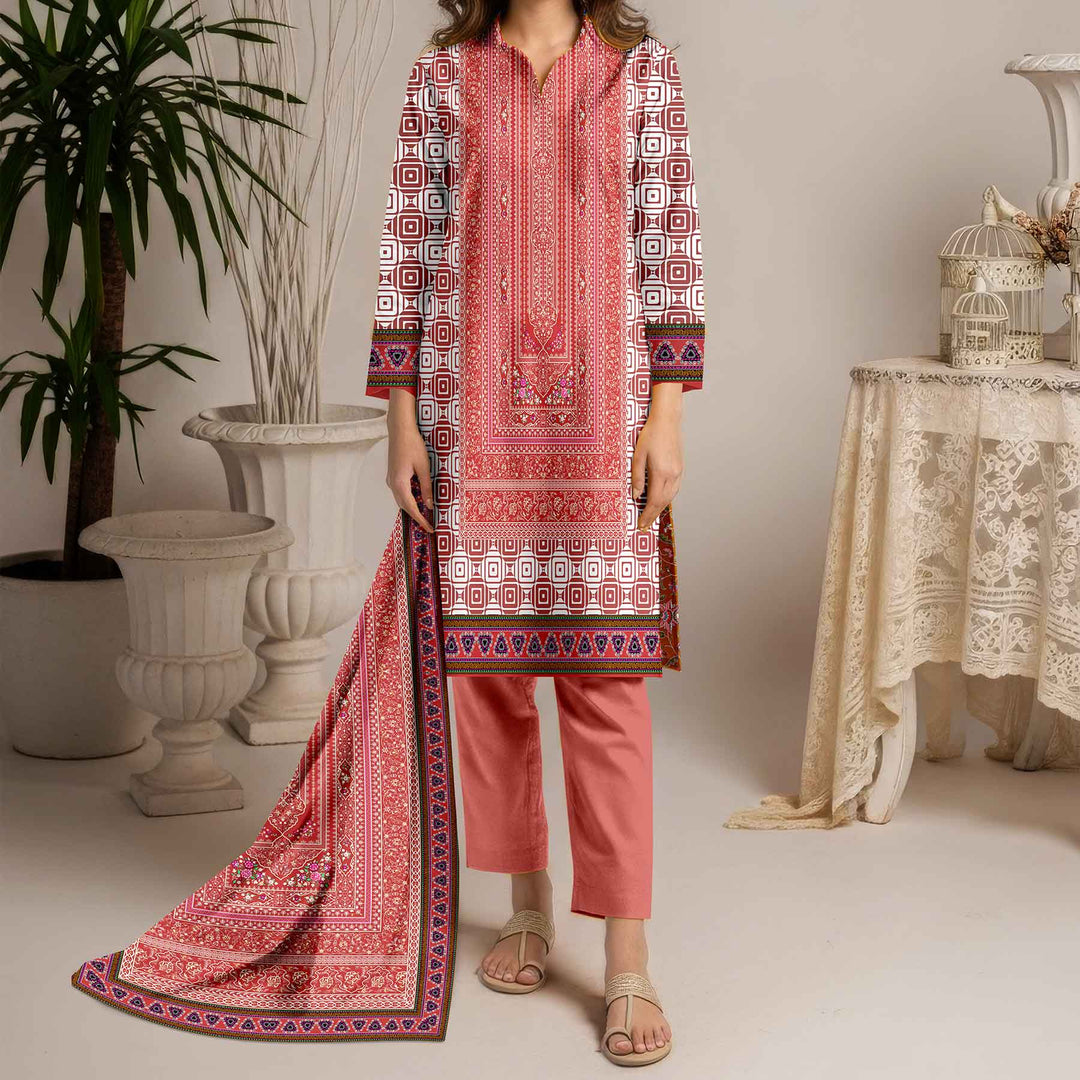 3PC- Unstitched Printed Cotton Cambric suit UW5083