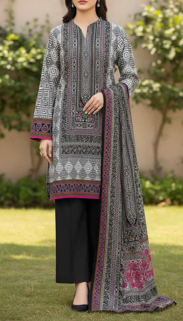 3PC- Unstitched Printed Cotton Cambric suit UW5085