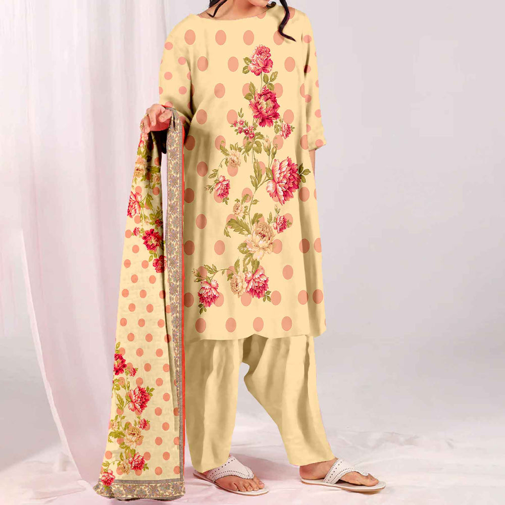 3PC- Unstitched Printed Cotton Cambric suit UW5098