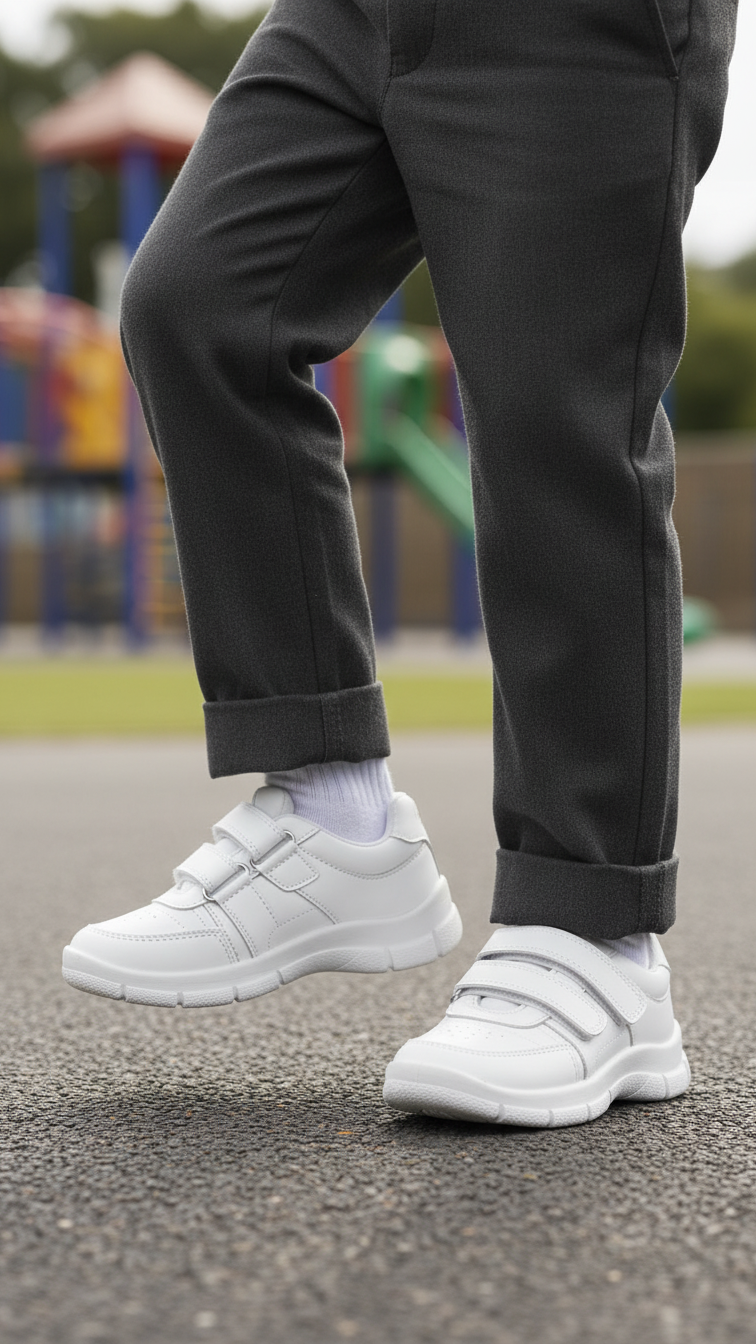 Boys White Dual Strap Schools Shoes WKS035