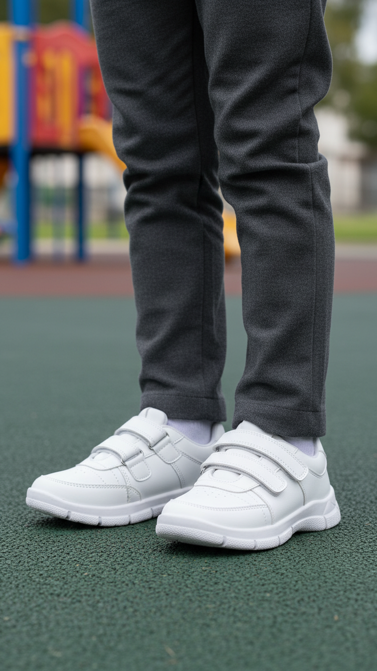 Boys White Dual Strap Schools Shoes WKS036