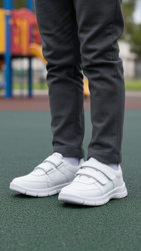 Boys White Dual Strap Schools Shoes WKS036