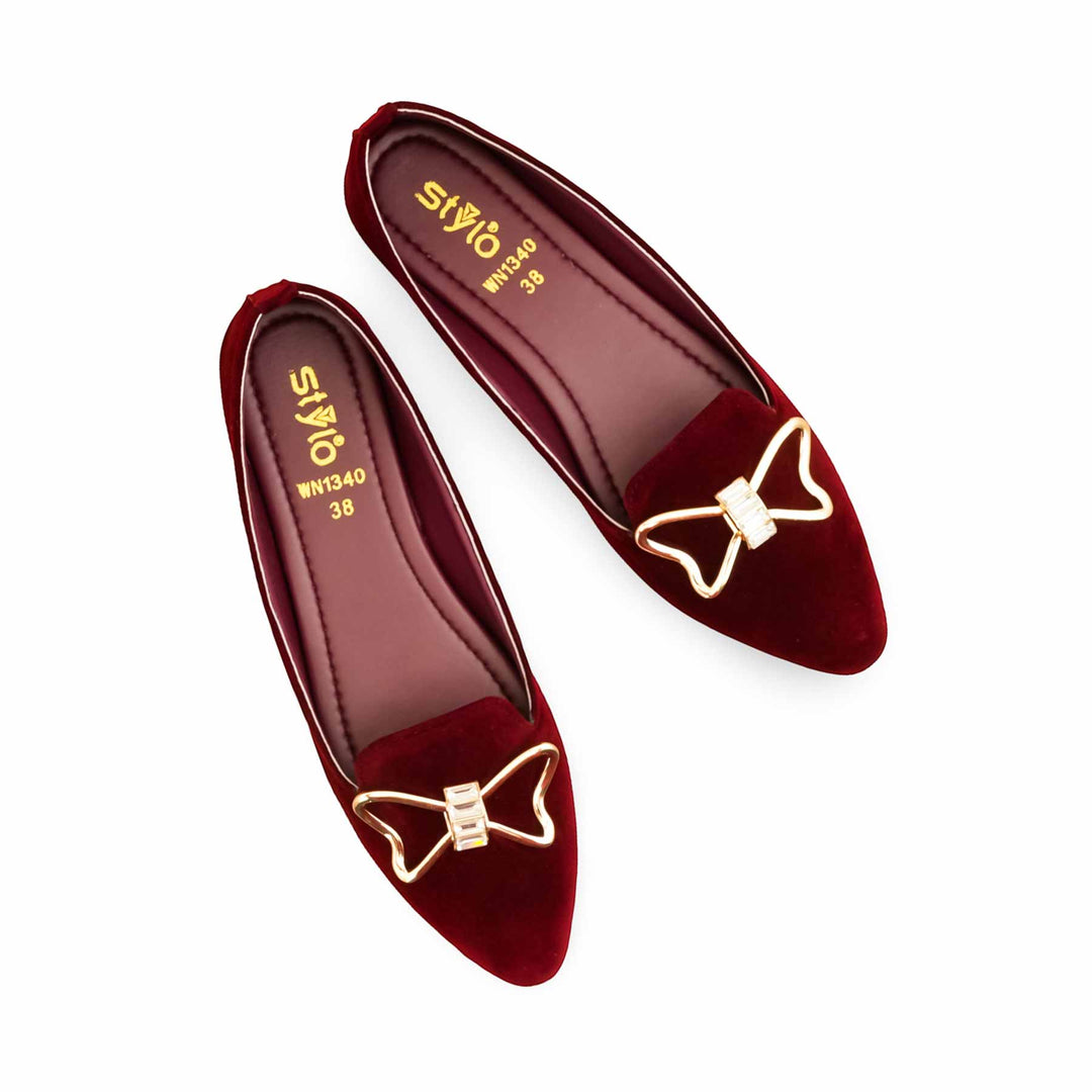 Buy Maroon Women Pumps - Elegant Velvet Gold Bow Flat
