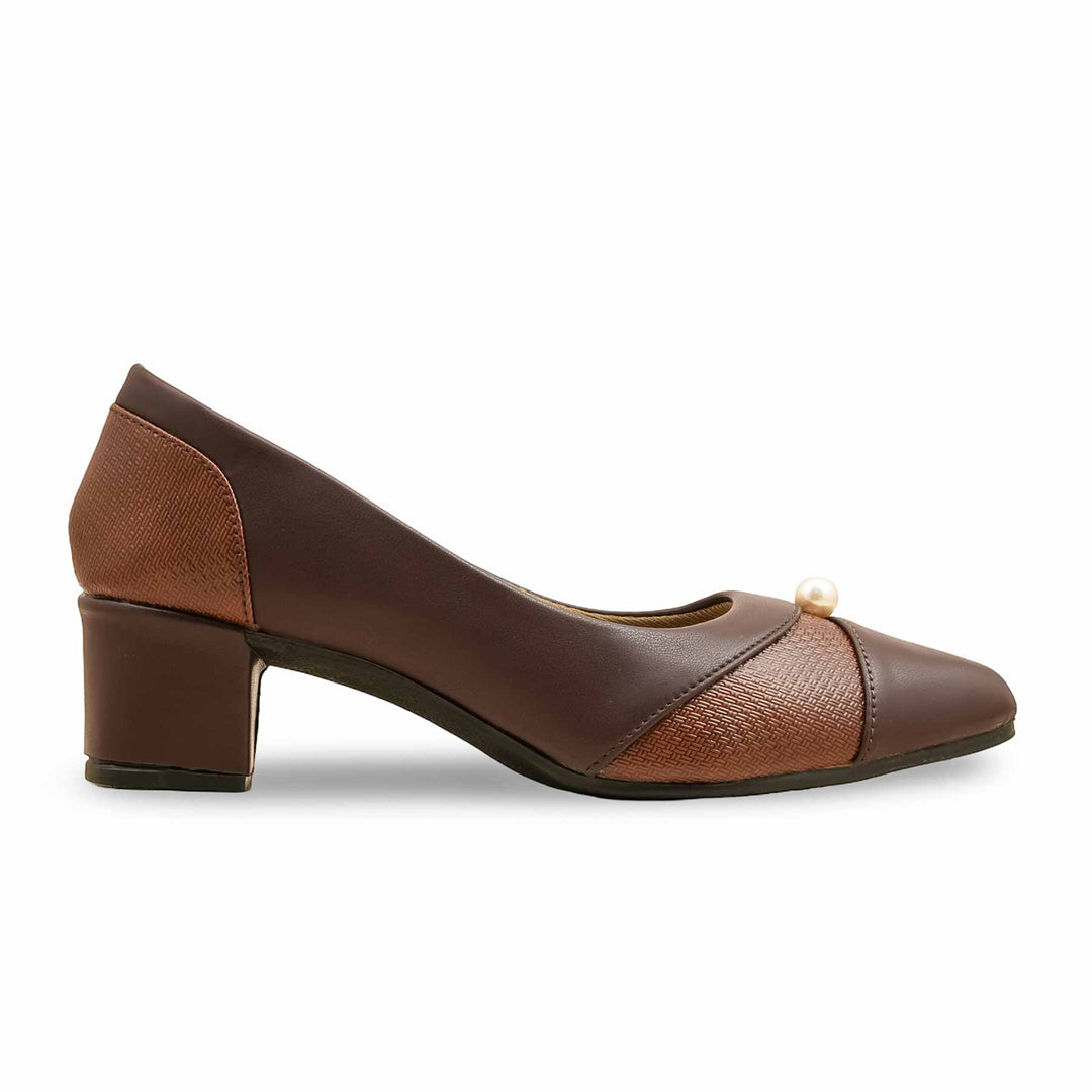 Brown Pearl Detail Block Heel Court Shoe for Ladies
