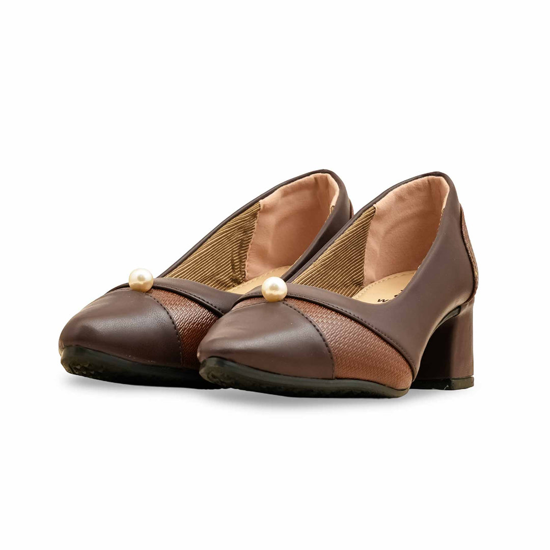 Brown Pearl Detail Block Heel Court Shoe for Ladies