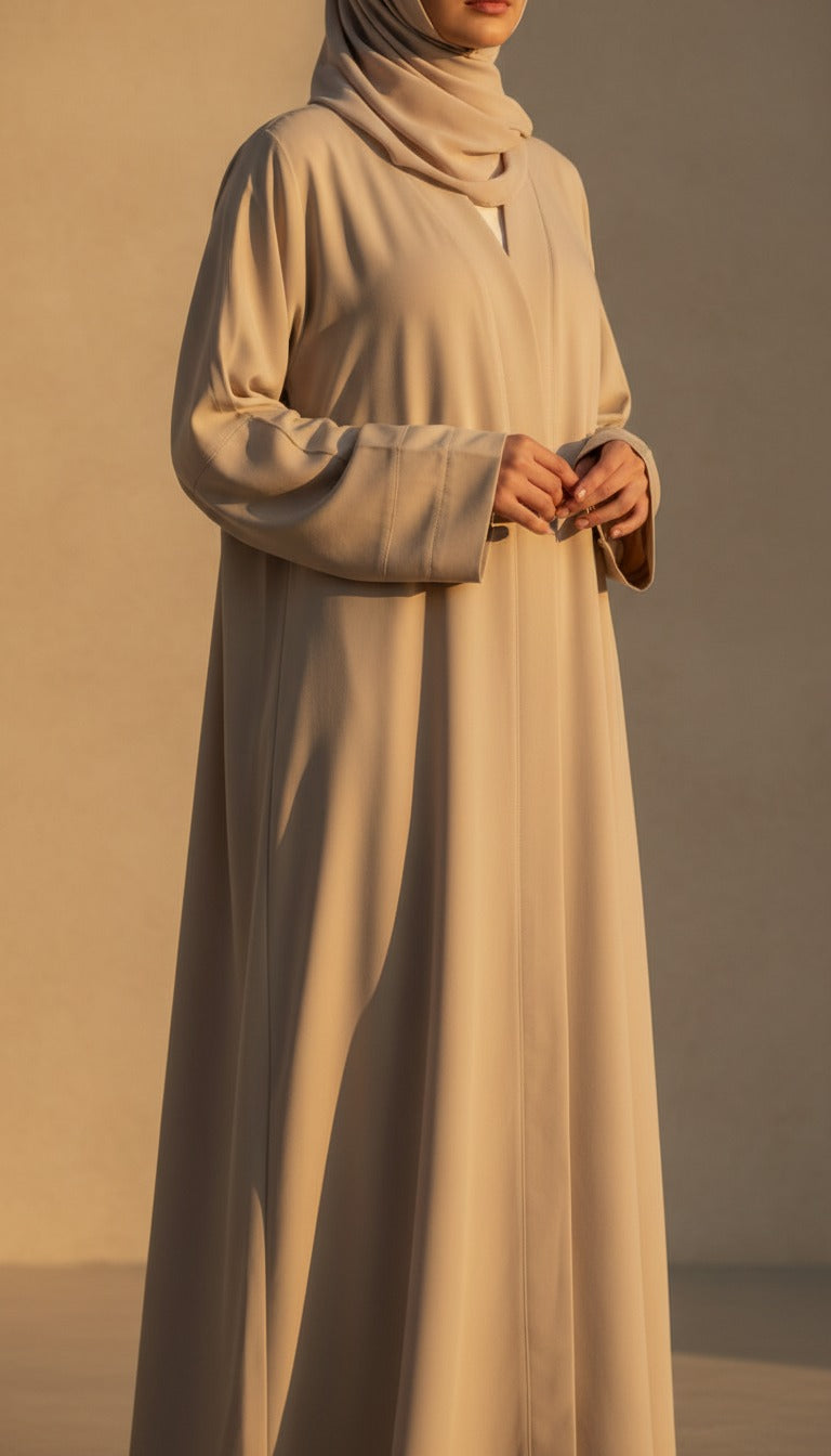 Beige Solid Dyed Blended Fabric Abaya PW5275