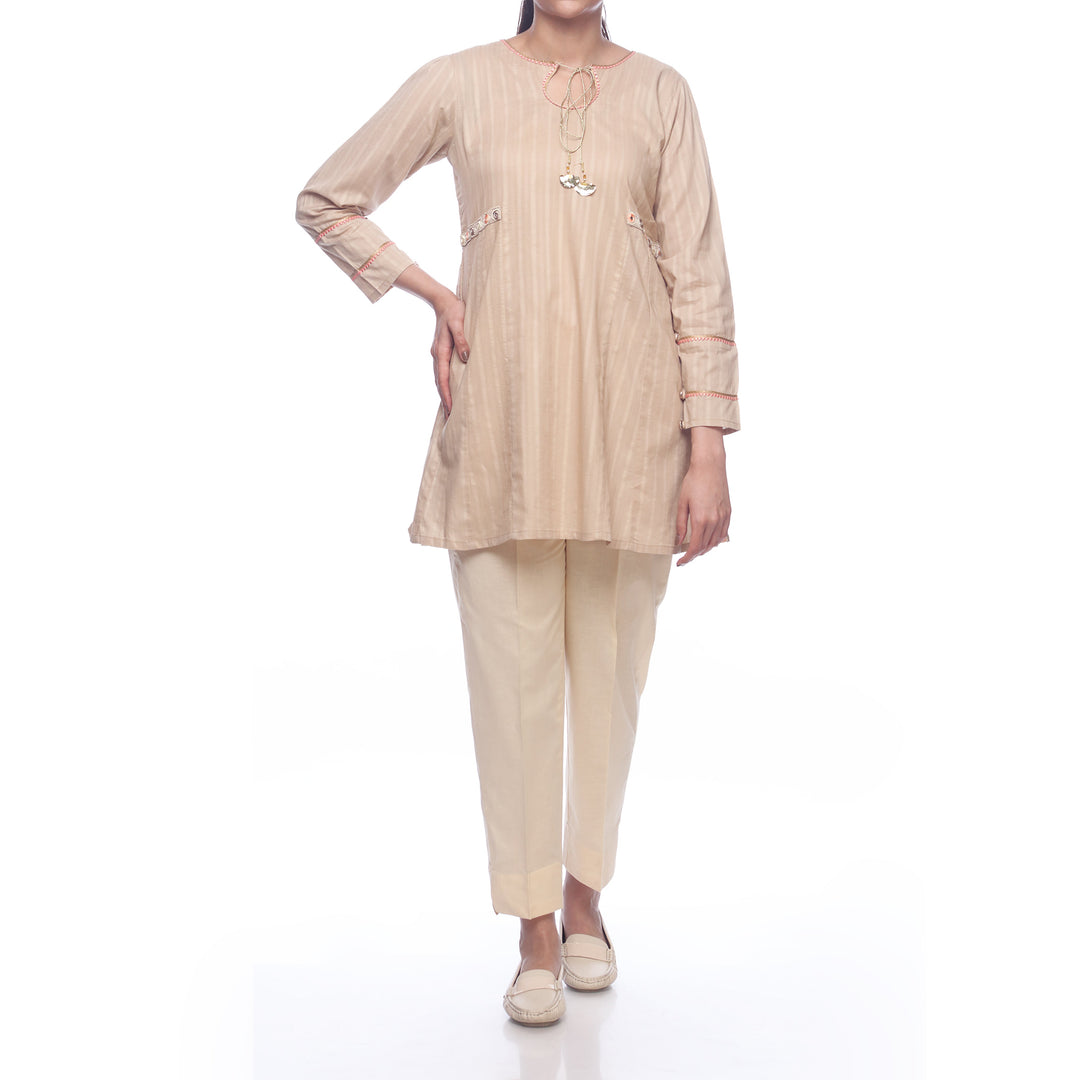 Beige Color Self Jacquard Embellished Shirt PS2115