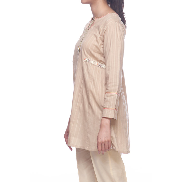Beige Color Self Jacquard Embellished Shirt PS2115