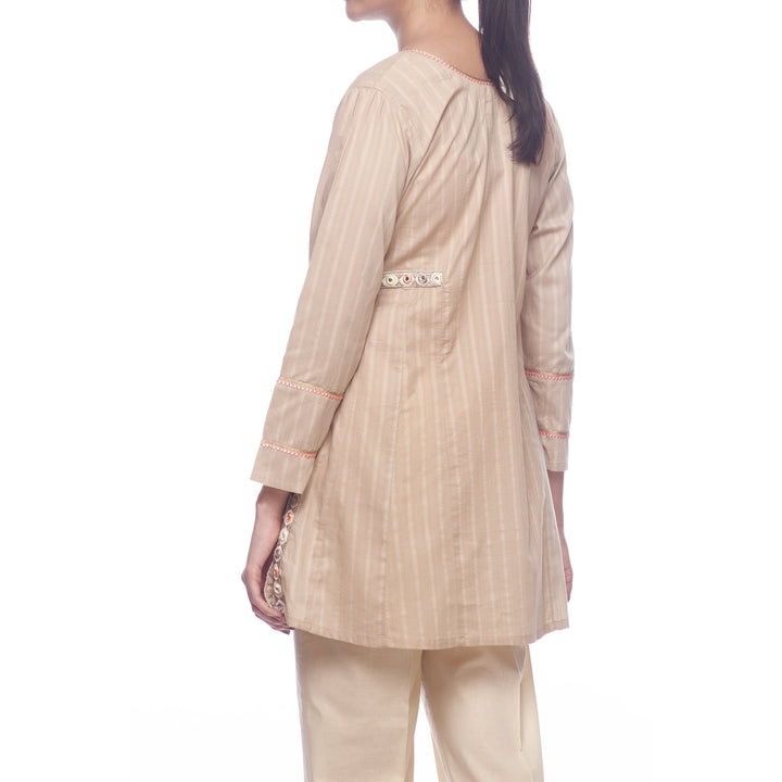 Beige Color Self Jacquard Embellished Shirt PS2115