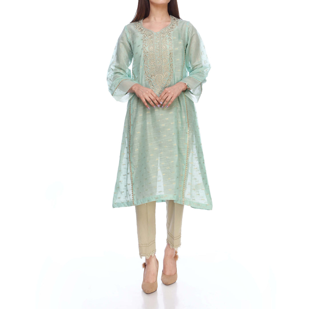 Seagreen Color Embellished Cotton Zari Shirt PS2245