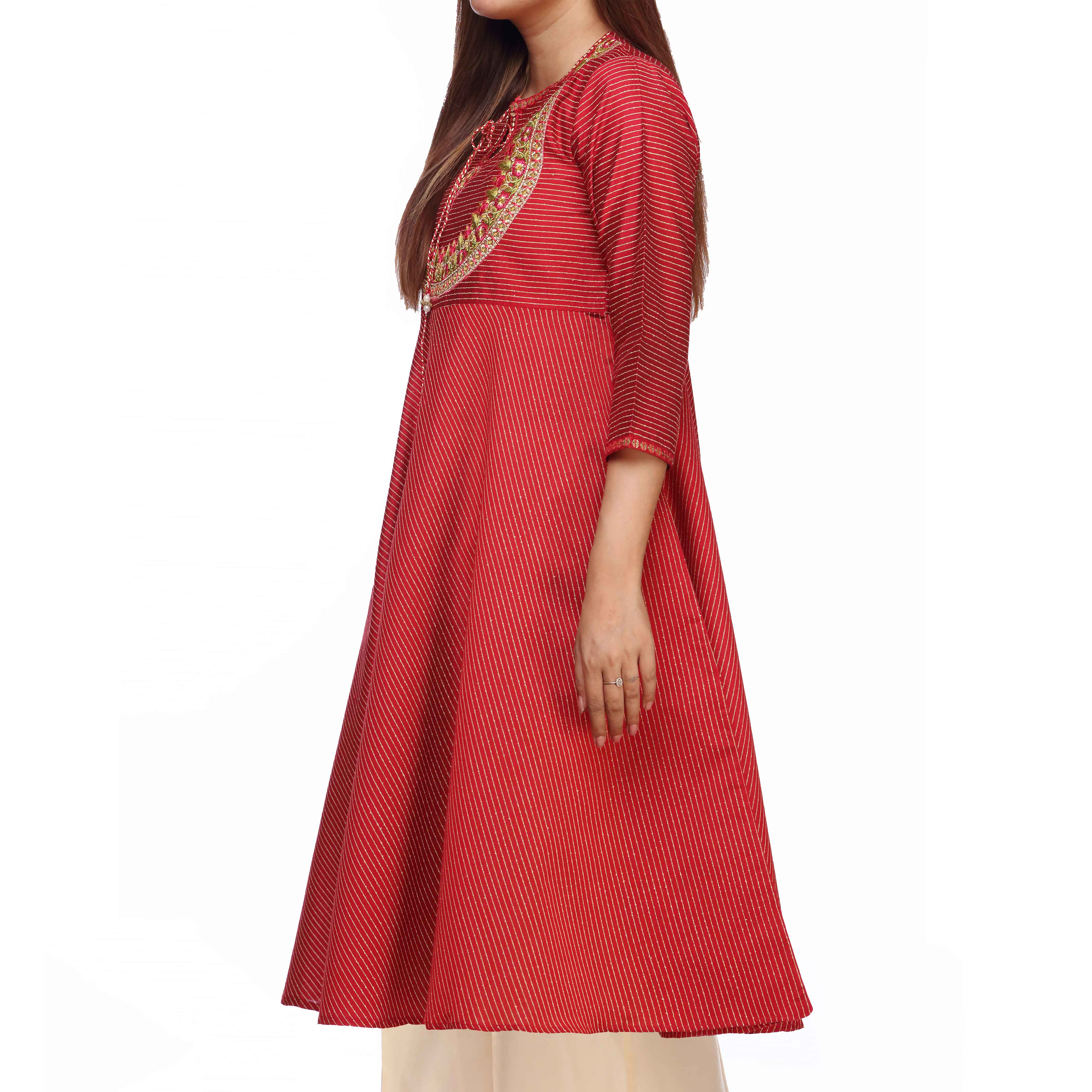 Red Embellished Cotton Karandi shirt PS2252