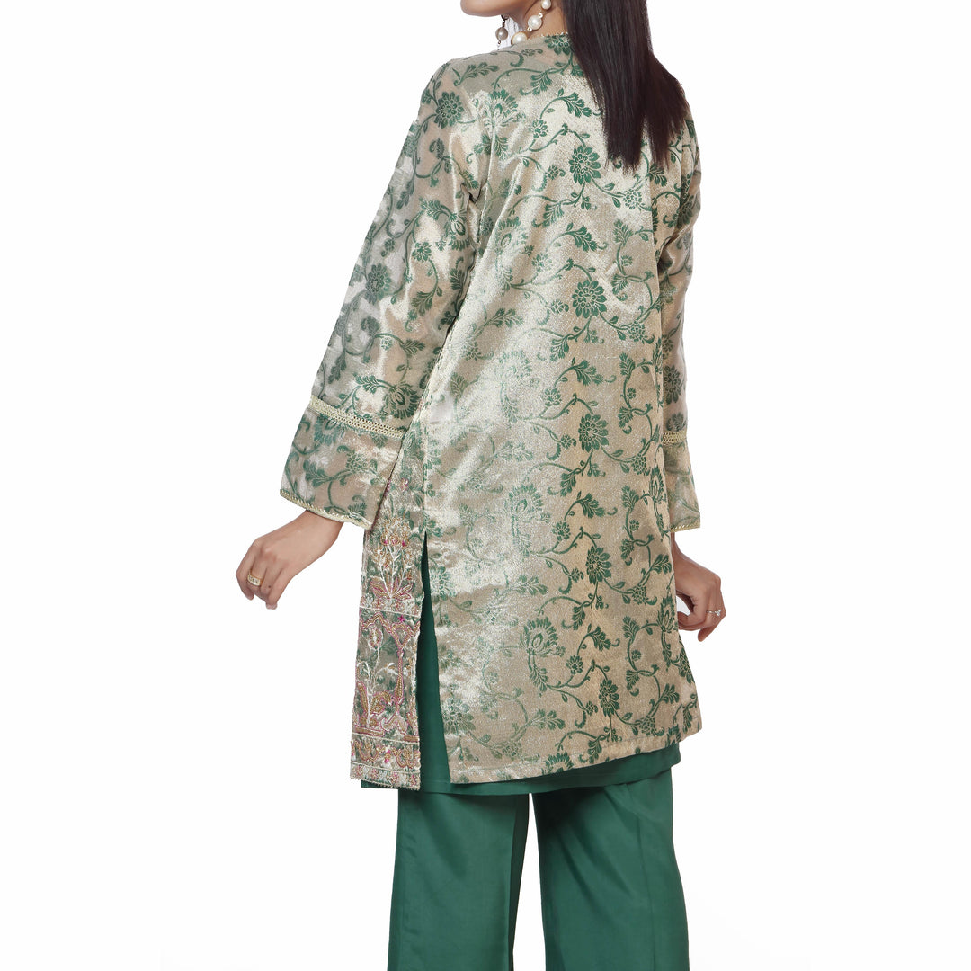 3PC-Embellished Jamawar Shirt with Raw silk Camisole & Trouser PS2301