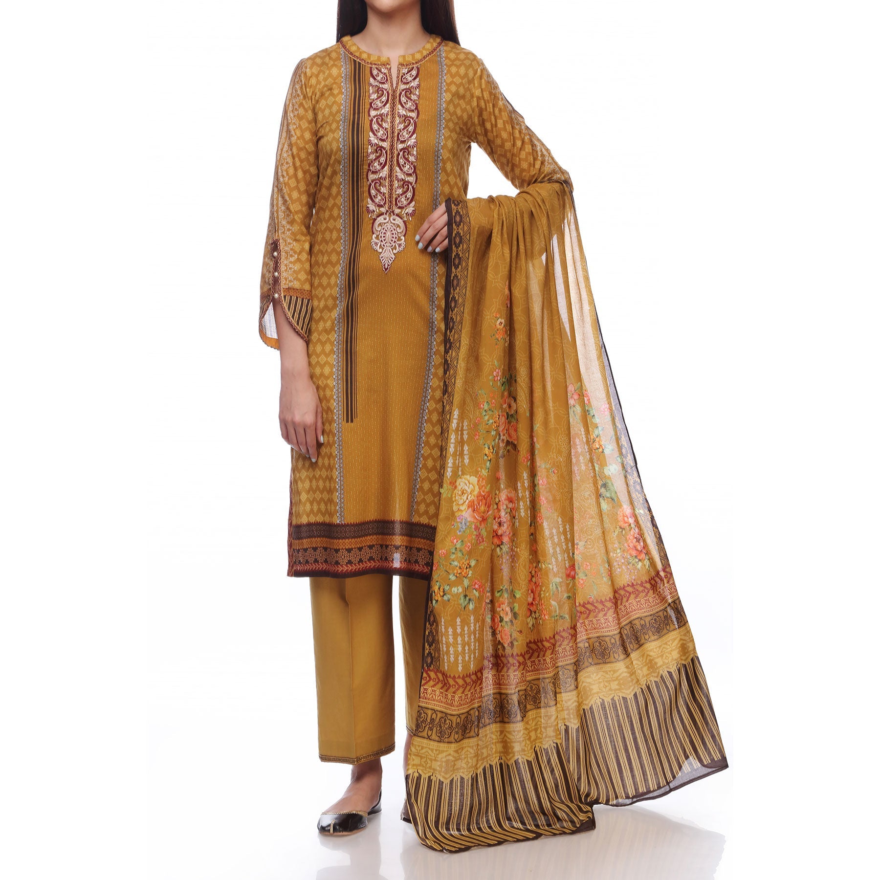 Digital Printed Lawn Shirt With Embroiderd Neck Line
Digital Printed Lawn Duppata
Plain Dyed Cambric Trousers