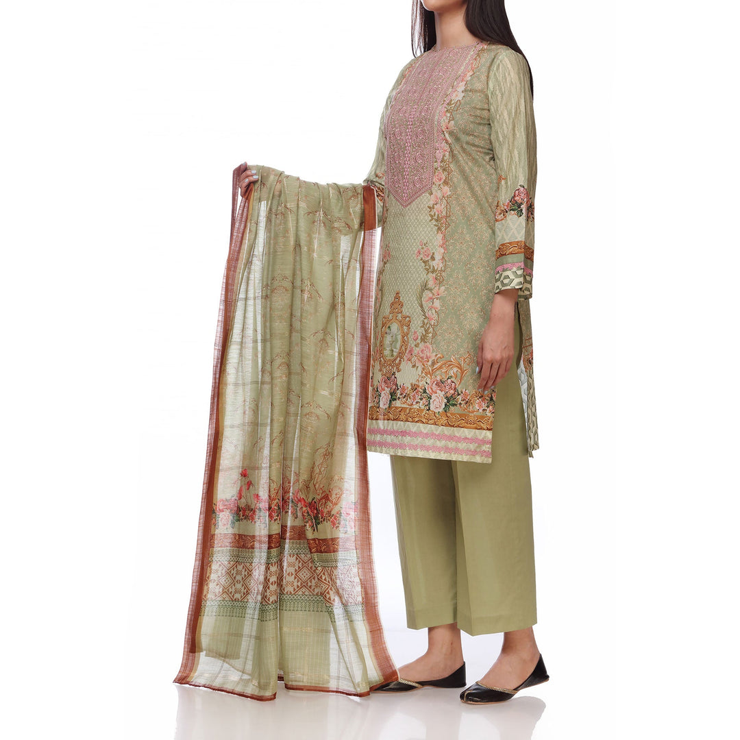 Digital Printed Lawn Shirt With Embroiderd Neck Line
Digtal Printed Tila Border Dupatta
Plain Dyed Cambric Trousers