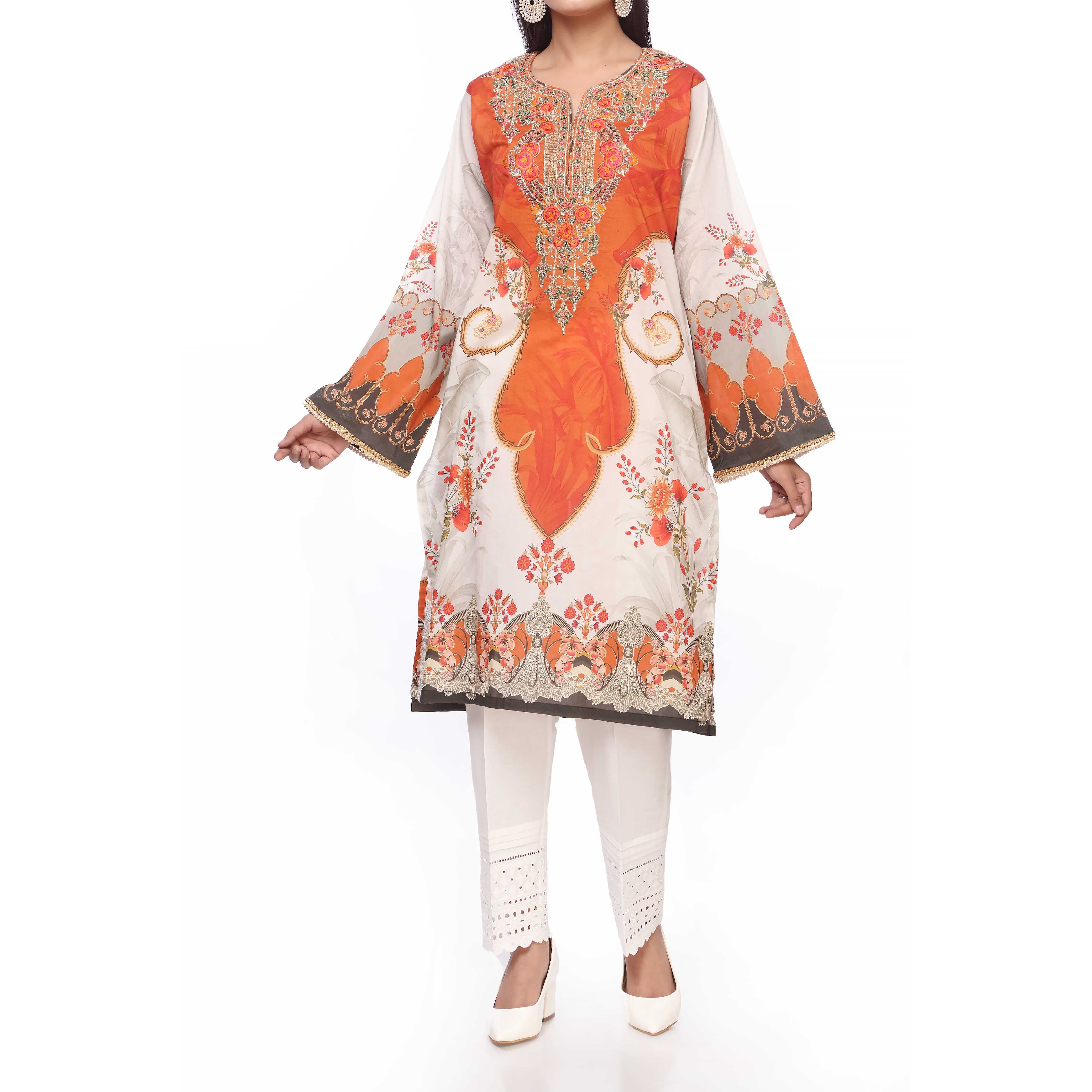 White Unstitched Digital Printed Lawn Embroidered Shirt PS2468