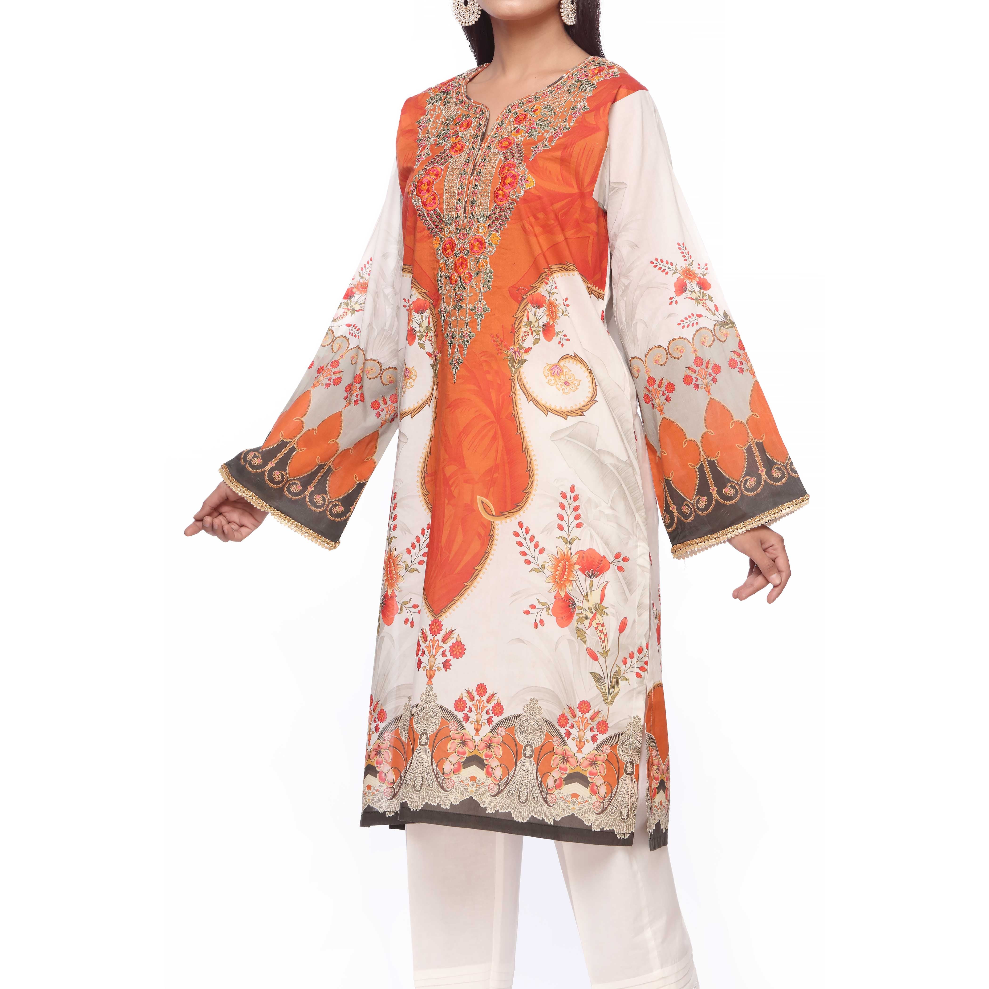 White Digital Printed Lawn Embroidered Shirt PS2368