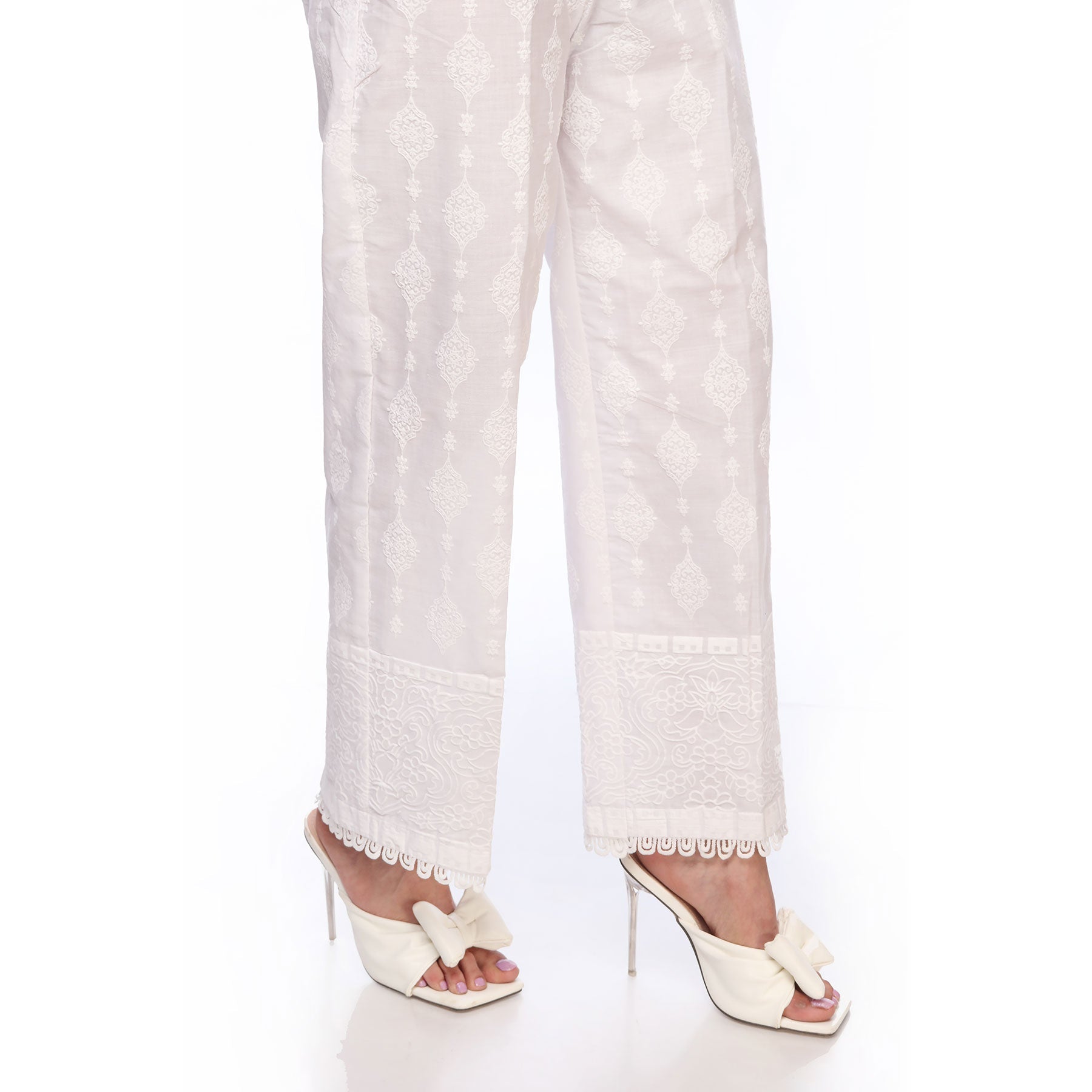 White Color Straight Fit Printed Cambric Trousers PS2545