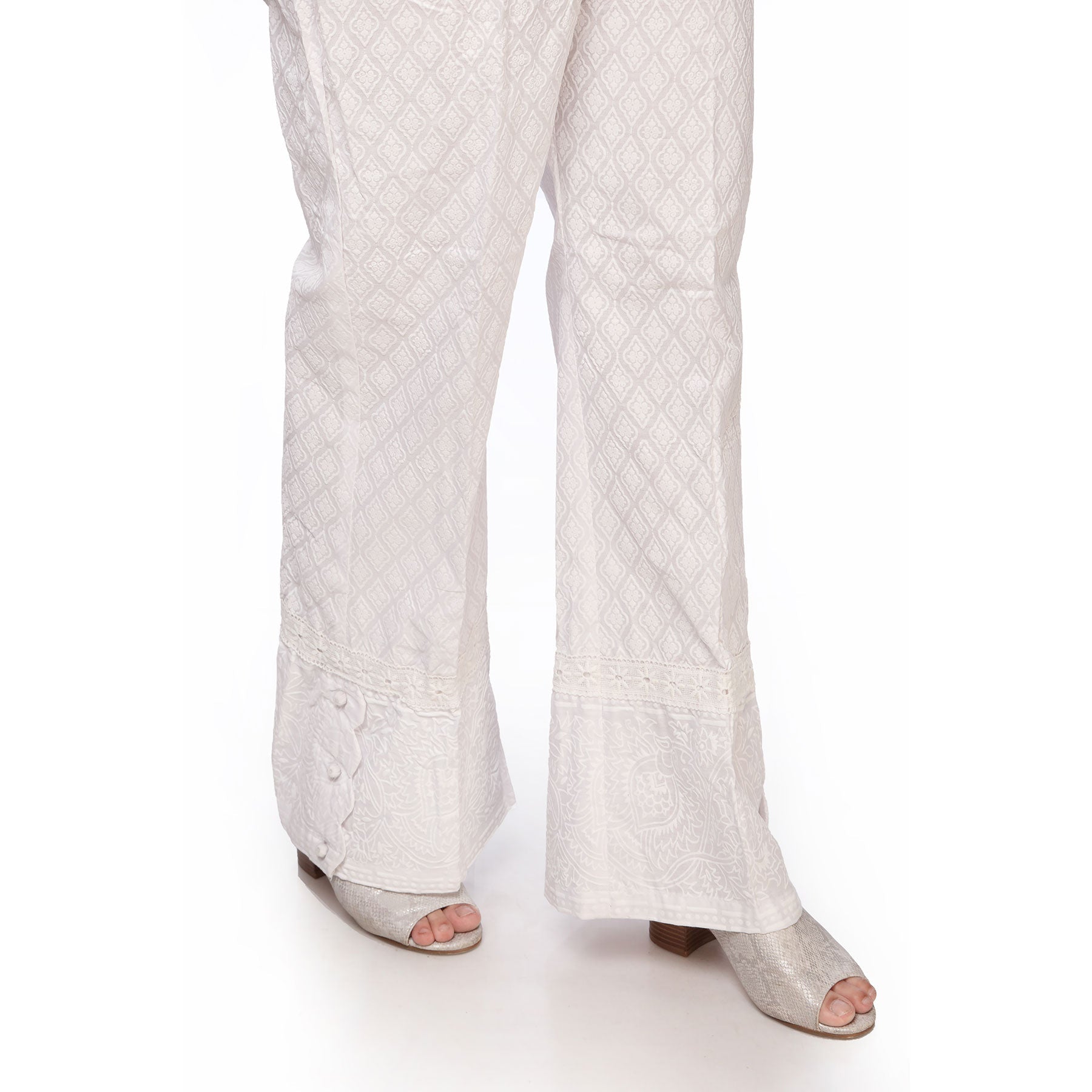 White Color Straight Fit Printed Cambric Trousers PS255009