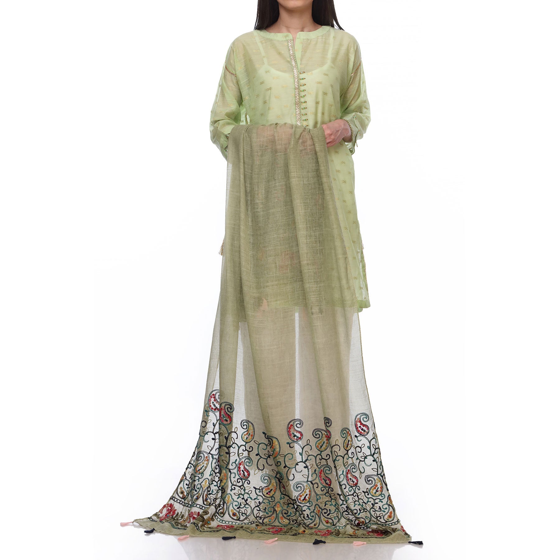Green Color Embellished Dyed Lawn Stole PS2713