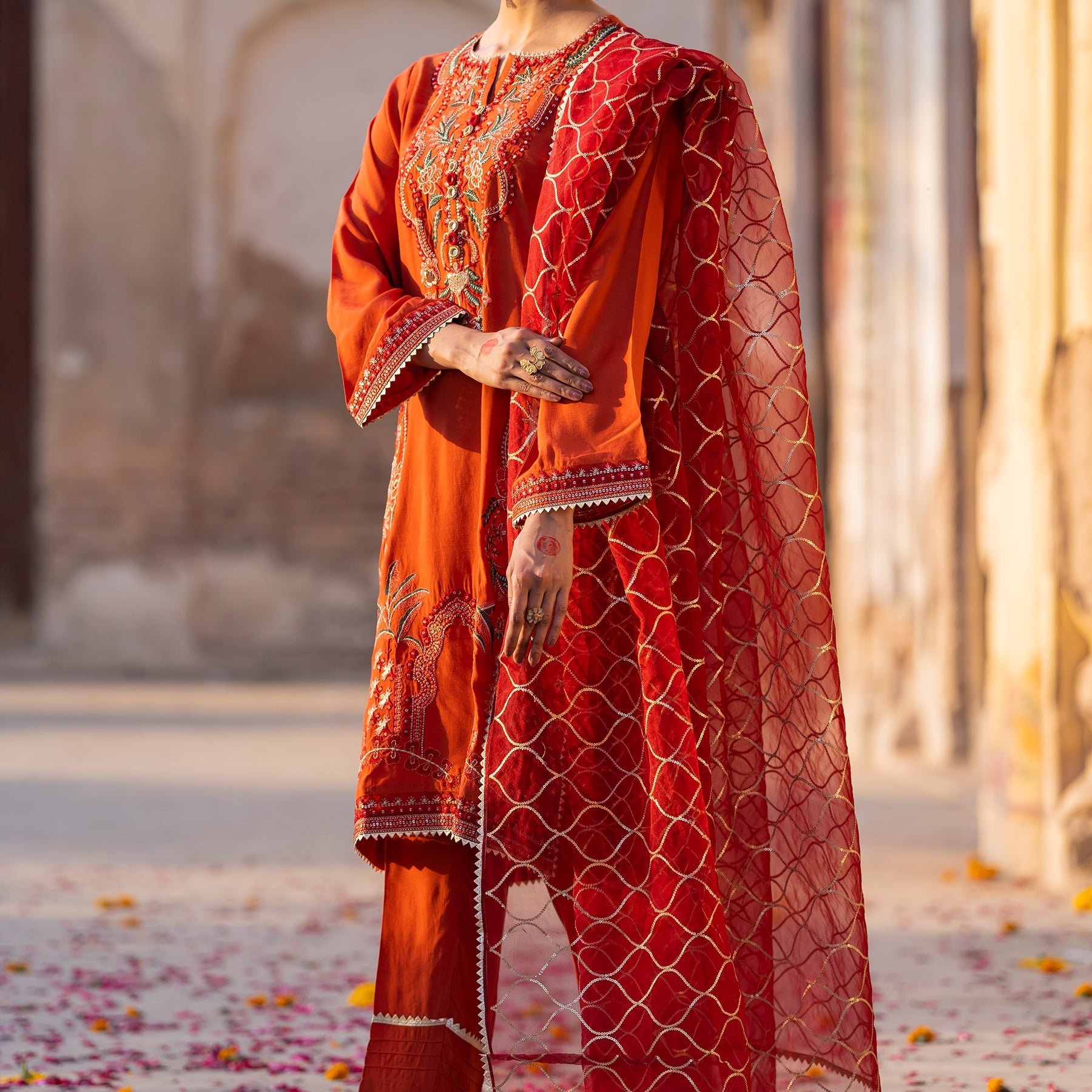 3PC- Embellished Silk Shirt &Trouser With Dupatta PS3345