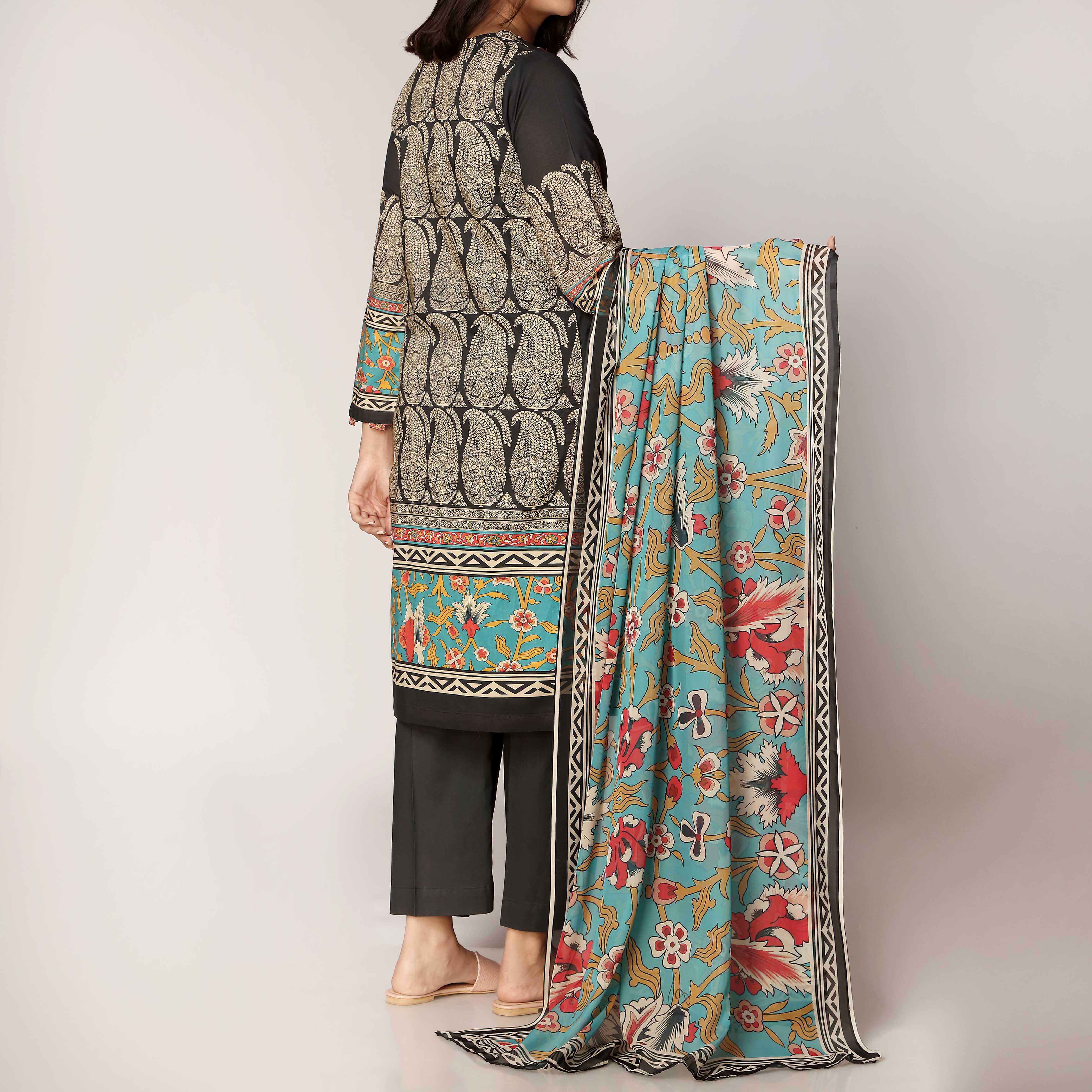 2PC- Unstitched Digital Printed Lawn Embroidered Shirt With Silk Dupatta PS3464