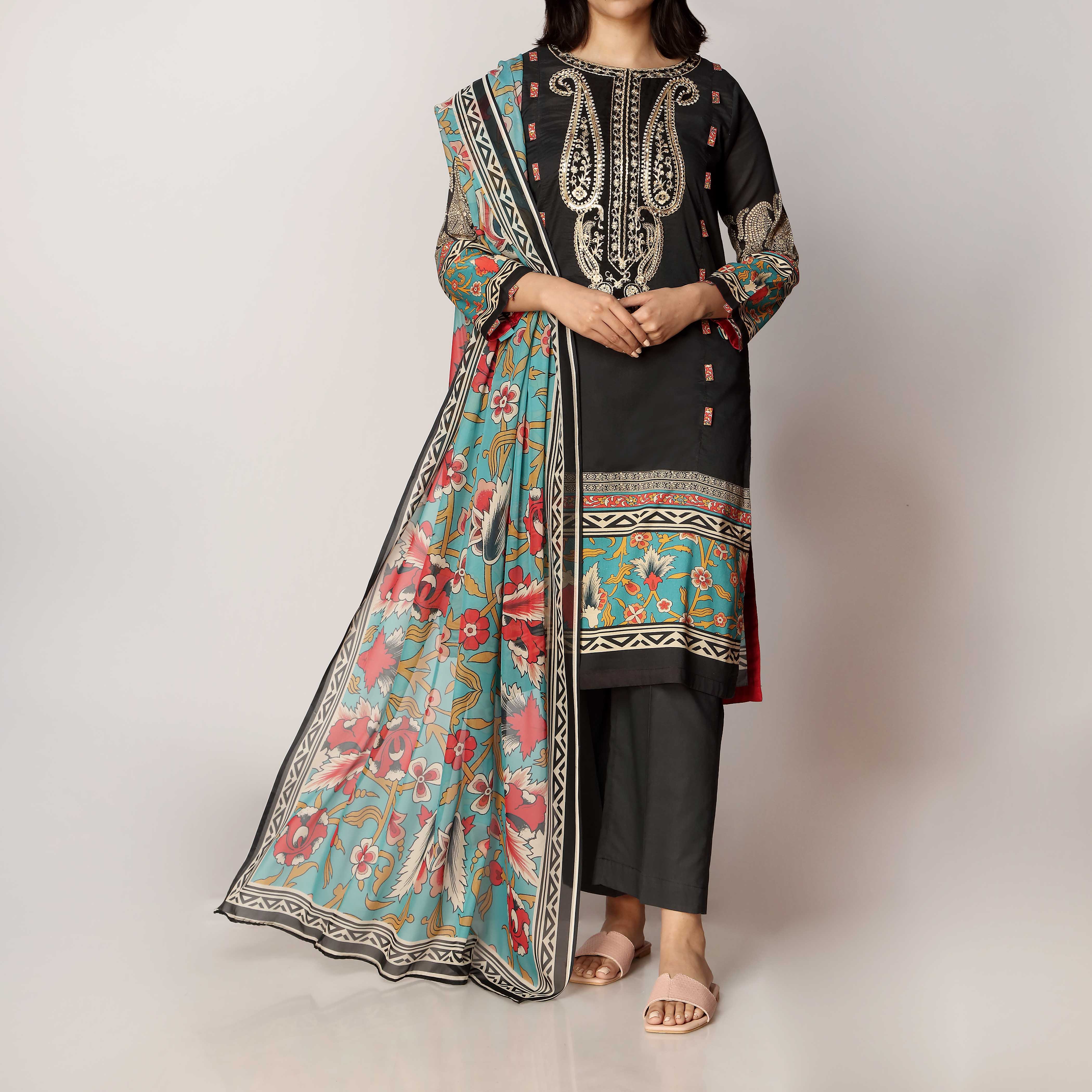2PC- Unstitched Digital Printed Lawn Embroidered Shirt With Silk Dupatta PS3464