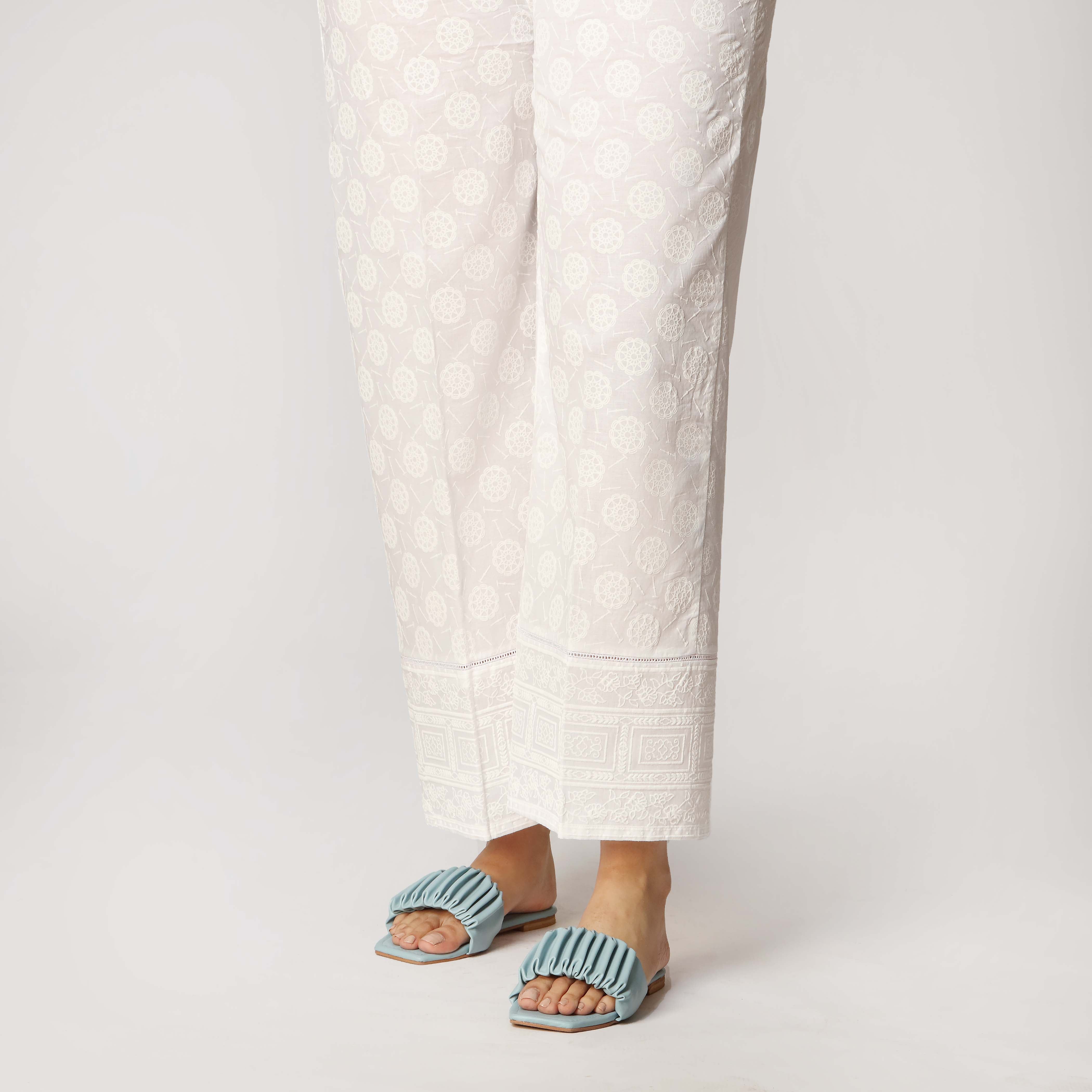 White Cambric Puff Printed Straight Trouser PS3539