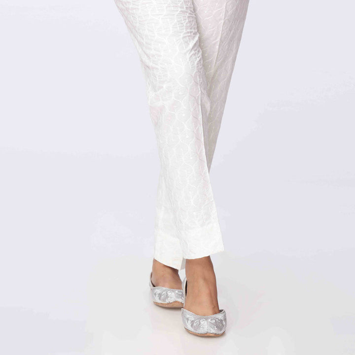 White Embroidered Cambric Slim Fit Trouser PS3565