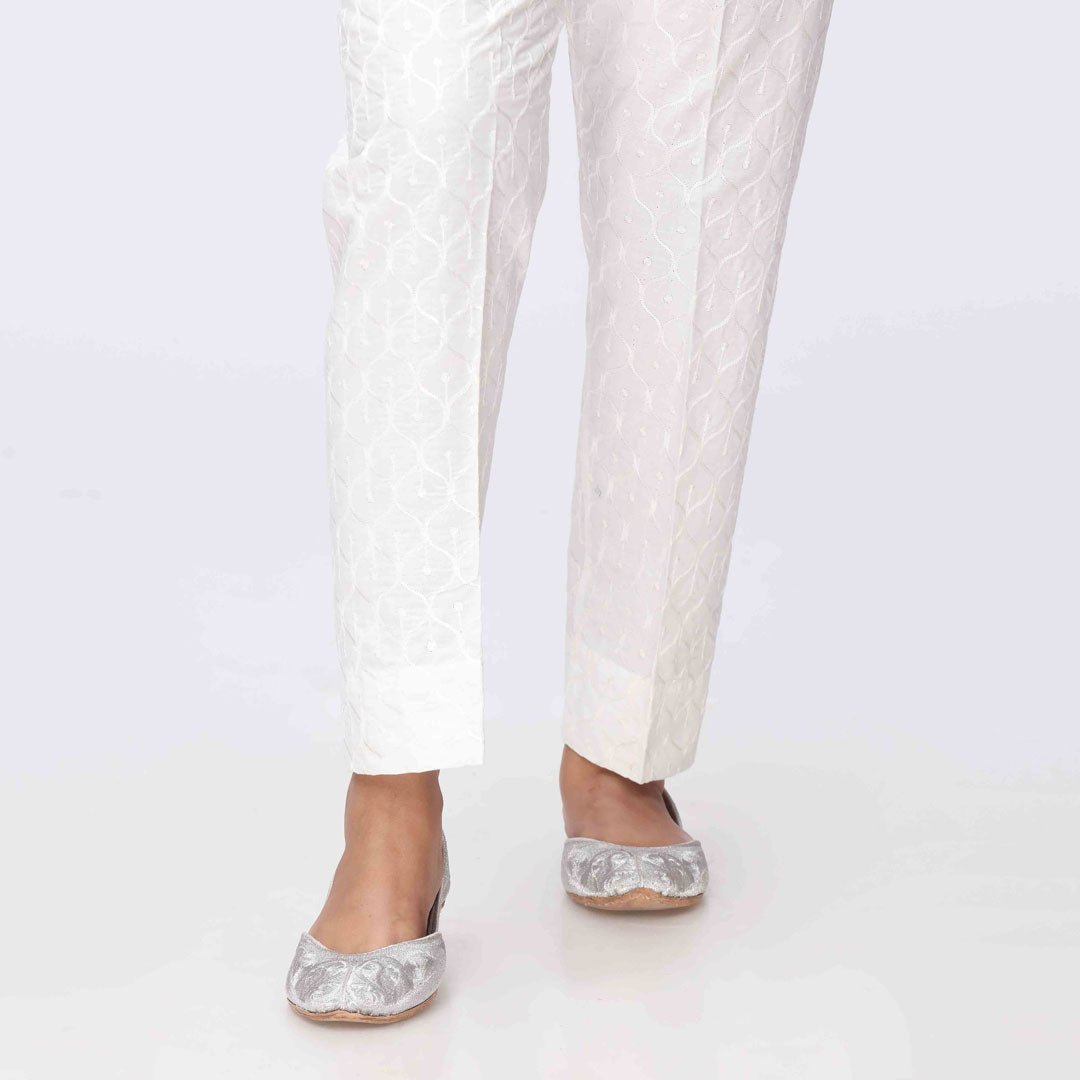 White Embroidered Cambric Slim Fit Trouser PS3565